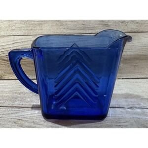 Vintage Hazel Atlas Cobalt Blue Glass Chevron Pattern Creamer Pitcher EXCELLENT
